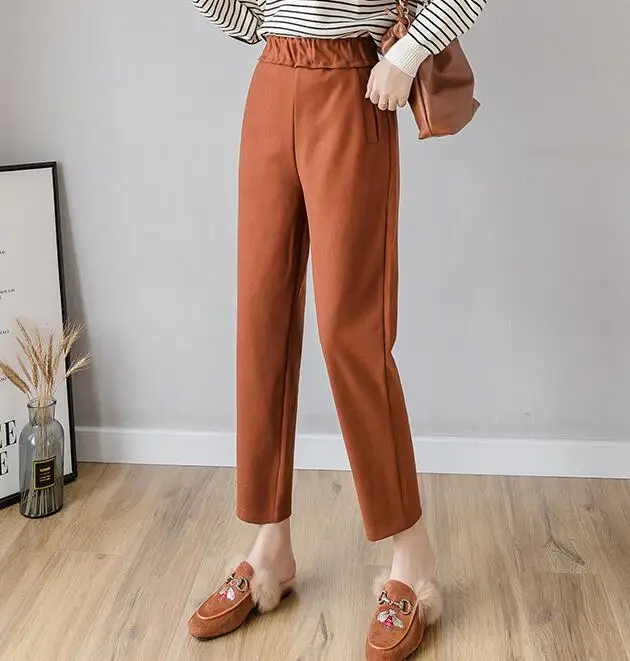 Caramel color Осенне-зимние толстые шерстяные брюки женский с эластичной талией повседневные шерстяные штаны-шаровары женские тяжелые брюки Капри Теплые до щиколотки - Цвет: Caramel color