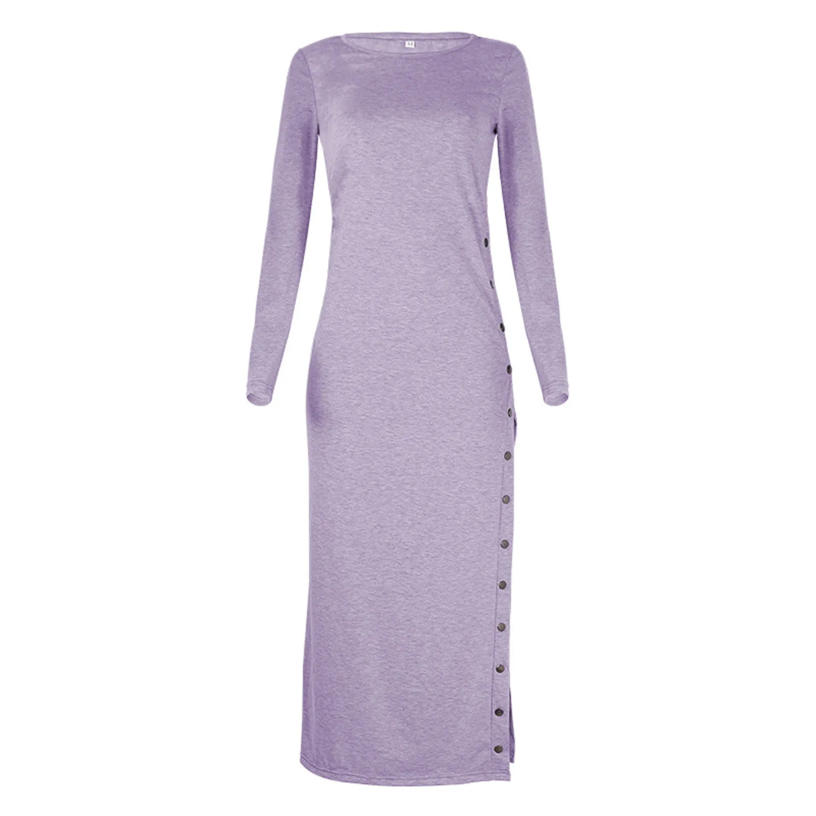 

New Fashion Women Split Button Skirt Solid Color Long Sleeve O-Neck Dress Women Fashion Causal Frenulum Solid Button Loose Pocke