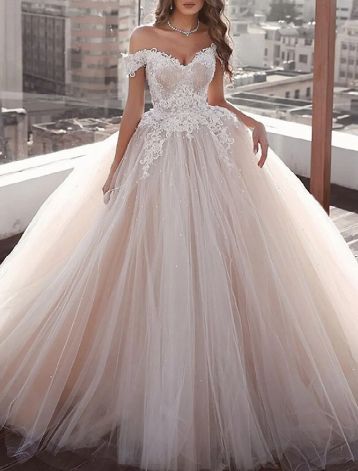 

Трапециевидные Свадебные платья до пола с открытыми плечами, кружевное Тюлевое платье с коротким рукавом, строгий романтический стиль, мод...