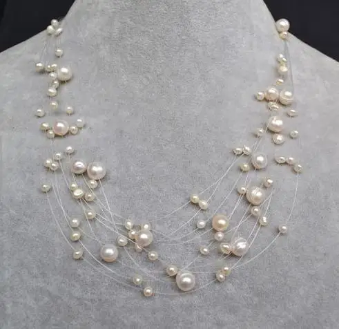 

Unique Pearls jewellery Store Genuine Pearl Necklace White Multistrand Illusion Freshwater Pearl Necklace Fine Jewelry