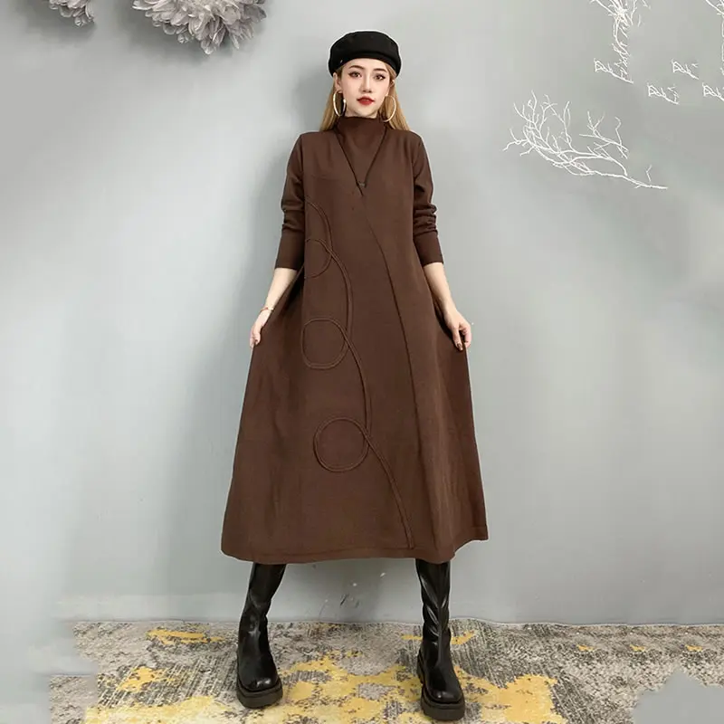 

XITAO трикотажное платье 2021 Новое темпераментное однотонное вязаное платье с длинными рукавами размера плюс богиня свободное платье CZH0098