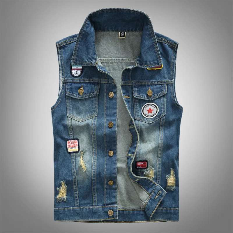 

High Quality Vintage Mens Denim Vests Ripped Cowboy Frayed Jeans Vests Fashion Patch Designs Waistcoat Casual Sleeveless Jackets