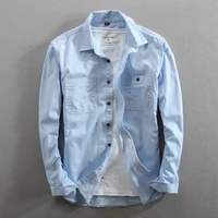 casual pure cotton denim men shirt slim fit long sleeve fashion double pocket male jeans blouse