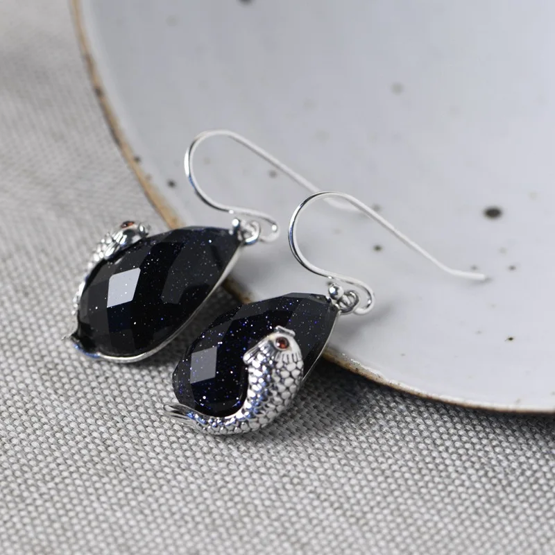 

FNJ Vintage Black Shajing Earrings 925 Silver Original Pure S925 Sterling Silver Drop Earring for Women Jewelry Animal Fish