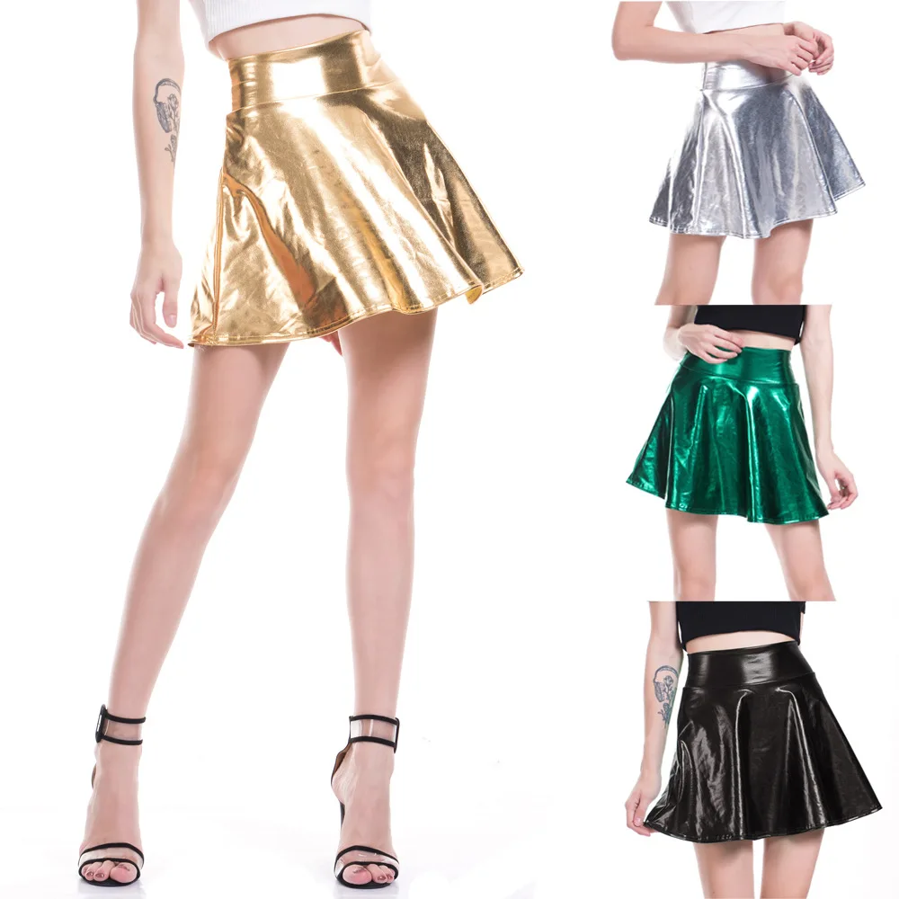 

Womens Metallic Shiny Solid Color Imitated Leather Skirt Mini Skater Above Knee Skirts