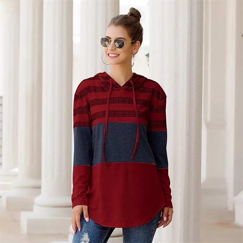 Повседневные полосатые Лоскутные рубашки с капюшоном для женщин осенние модные