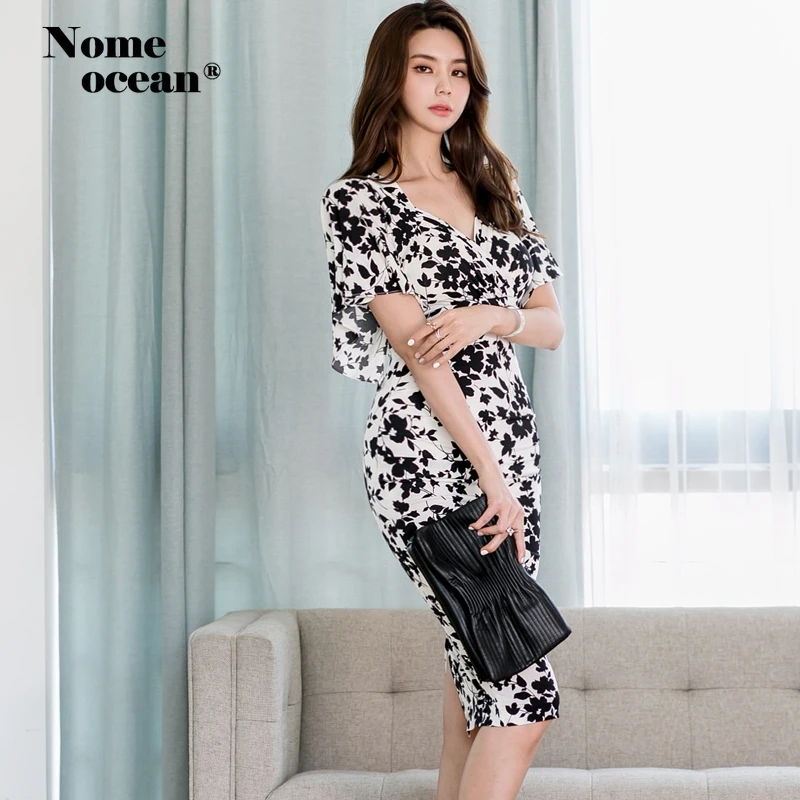 Черный и белый Цветочный принт миди платья с v-образным вырезом коротким рукавом