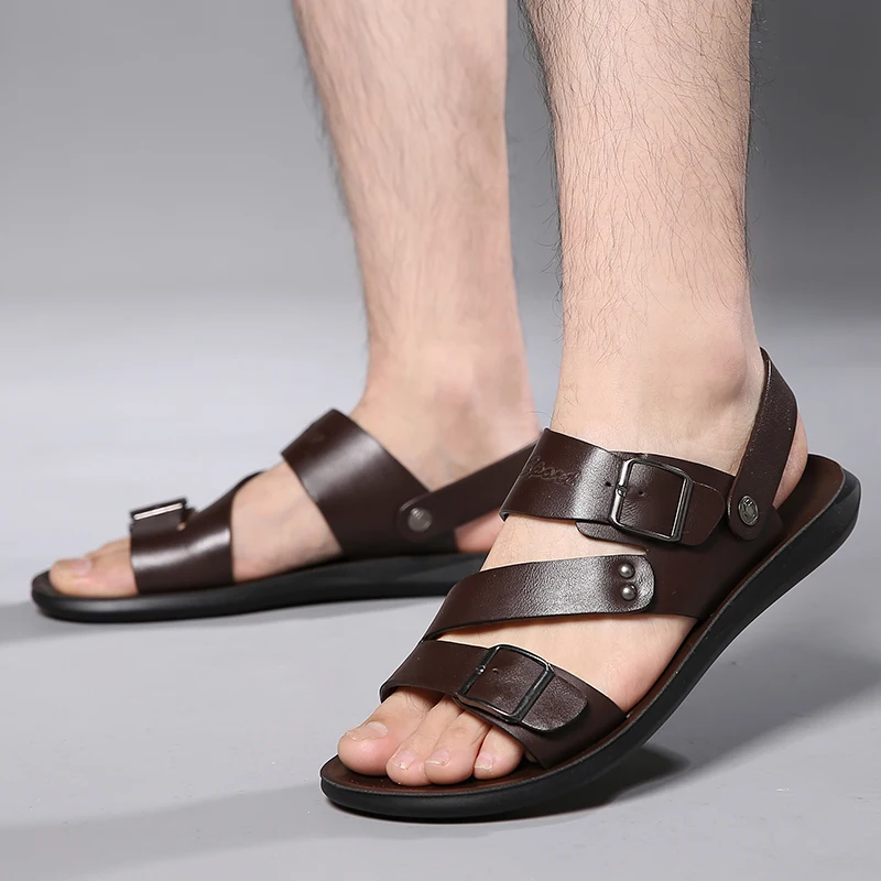 

Yomior New Casual Fashion Men Shoes Slip-On Genuine Cow Leather Soft Non-slip Beach Summer Sandals Slippers Flats Flip Flop