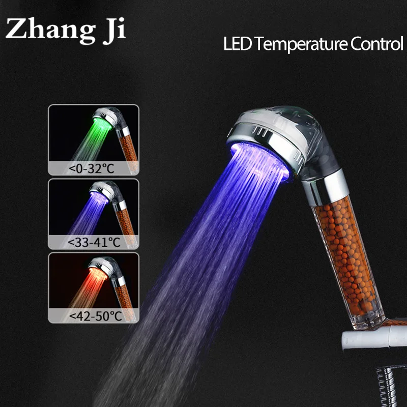 ZhangJi 3 Colors LED SPA Shower Head Temperature Sensor Light Water Flow Generator Shower Head Water Saving Filter Bath Fixture