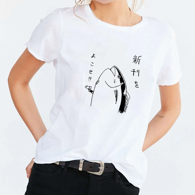 Японский Kawaii Базовая футболка с рисунком рыбы женская летняя новая Женская мода