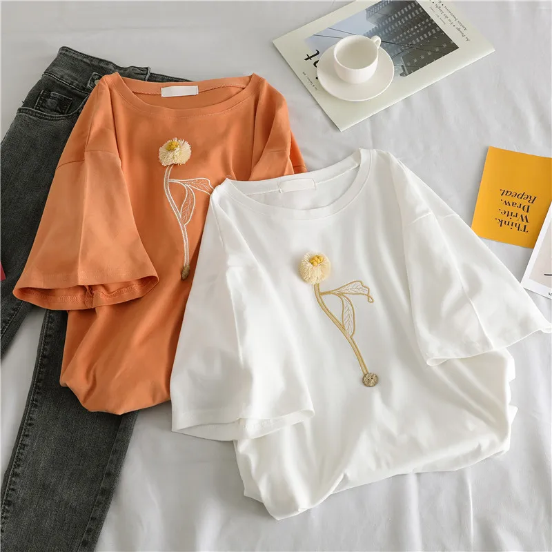 Женская футболка с аппликацией и цветочным принтом оранжевая белая из 95% хлопка