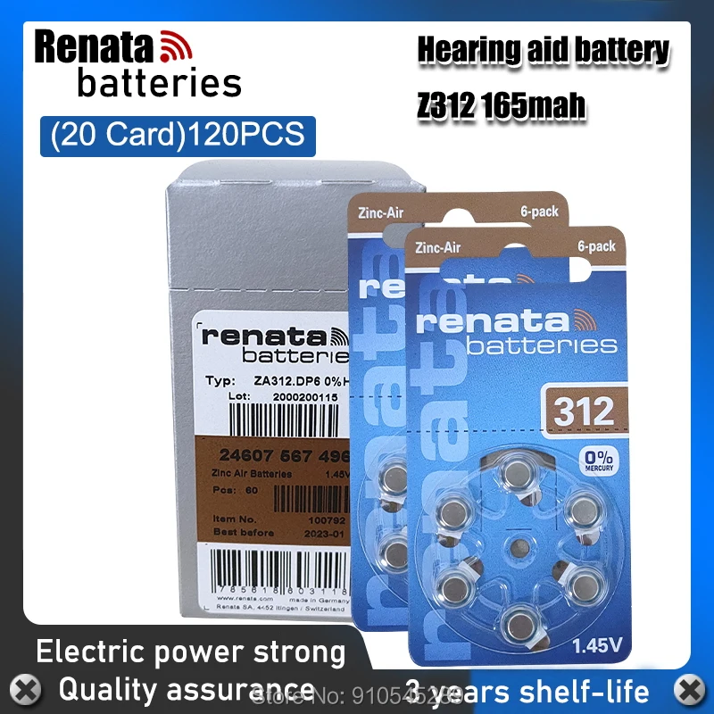 20 упаковок (батарея 120) Renata Maratone размера плюс 312 P312 PR41 Цинковый воздух 1 45 в