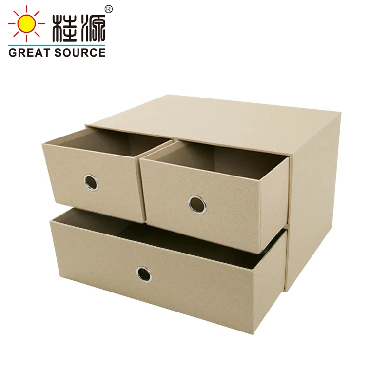 2 Layers Cabinet Cardboard Offic Desk Top Orgainzer Home Storage 3 Drawers CabinetBeige Faux Linen Natrual Wood Paper  (2PCS)