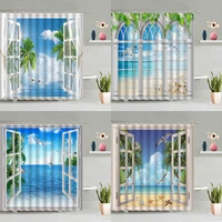 ocean beach scenery shower curtain 3d window green leaves plant flower palm tree seagull bathtub deco screen washable with hook