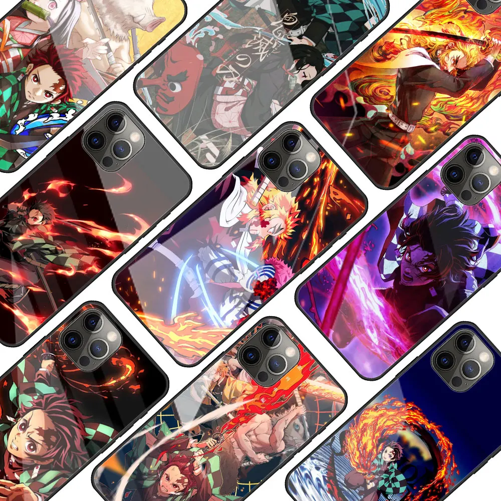 

Anime Demon Slayer Kimetsu Phone Case For iPhone 11 13 12 Pro Max 7 XR X XS 8 6 6S Plus 13Mini Soft Edge Tempered Glass Cover