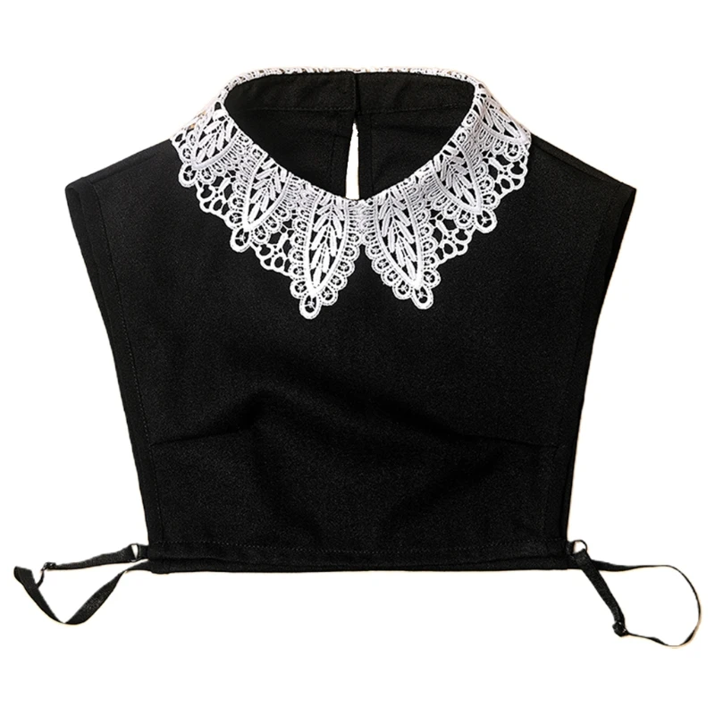 

Women Leaves Lace Lapel False Collar Back Keyhole Button Pullover Half Shirt XX9D