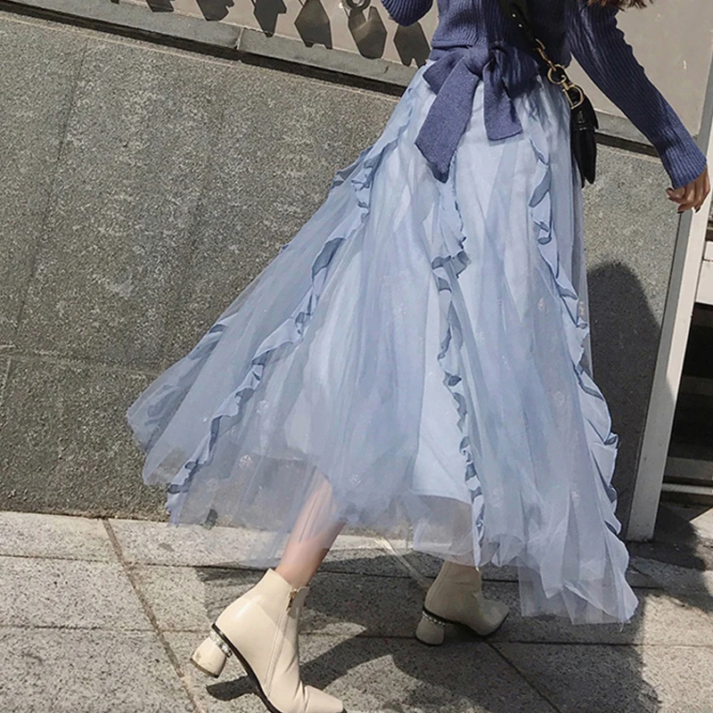 

2020 Women Set Knitted Long Sleeve Sashes Super Elastic Knit Top + Mesh Ruffles Skirt Women Party Suit Two Pieces Set Suit Women