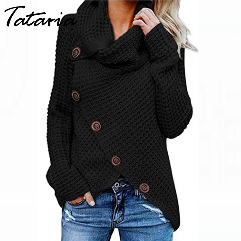 Tataria Womens Button Turtleneck Knitted Sweater Female Asymmetric Hem Wrap Pullover Tops Women Jumpers | Женская одежда