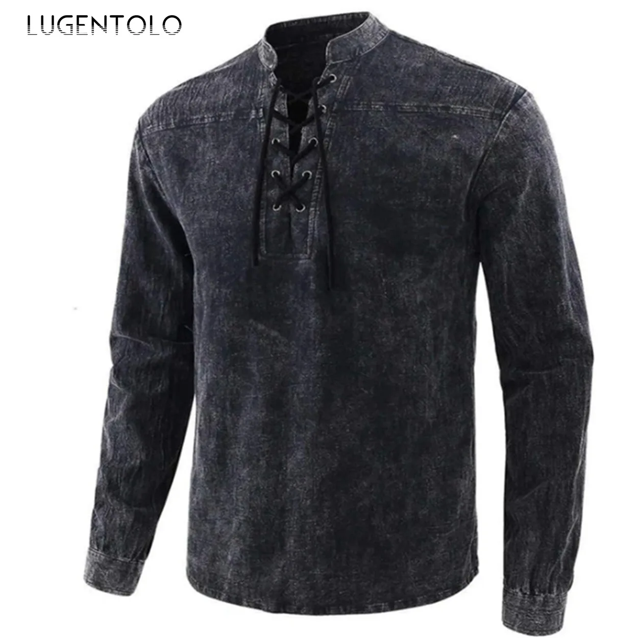 

Long Sleeve Shirt Men Vintage Solid Lacing Stand Collar Tops Men's Causal Loose Spring Simple Shirts Lugentolo