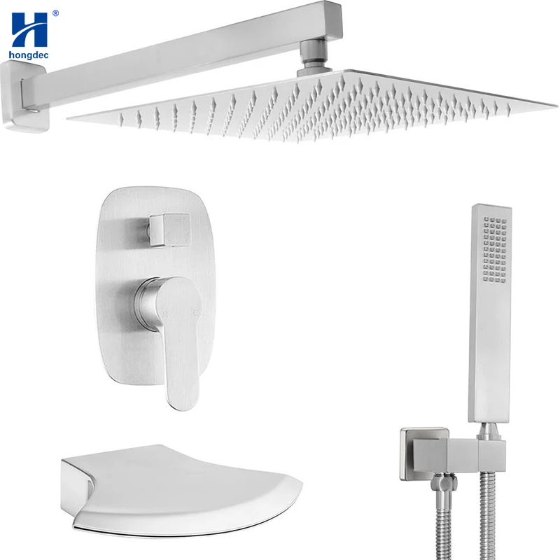 

Hongdec Wall Mounted Brushed Nickel 12 Inch Rainfall Shower System Set With Handheld Shower Head And Waterfall Spout Tub