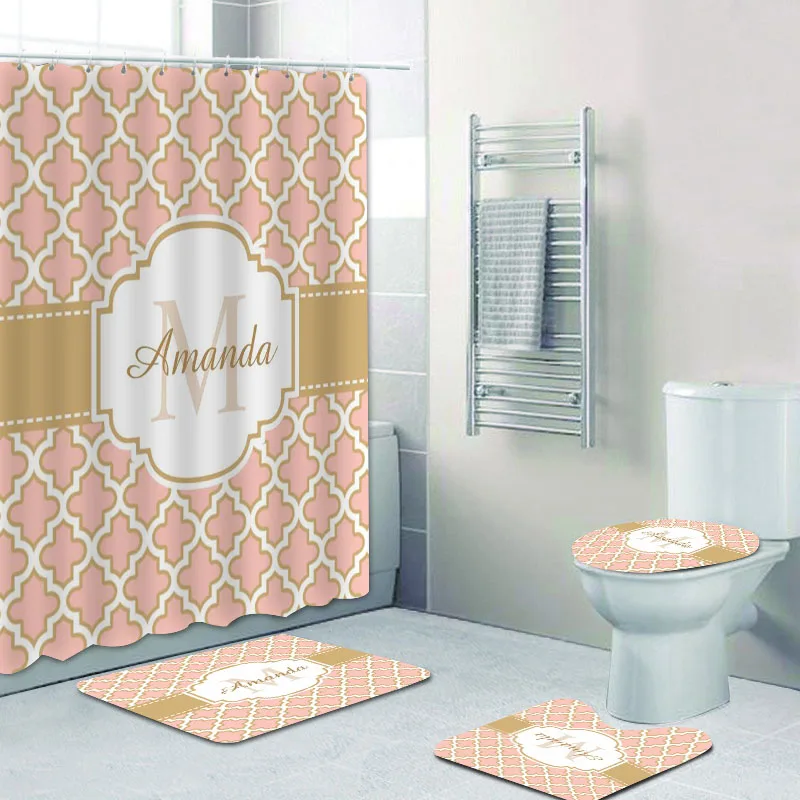 4PCS Moroccan Quatrefoil Pattern Shower Curtain Set Personalised Monogram Initial Bath for Bathroom Mats Rugs Decor Gift - купить по