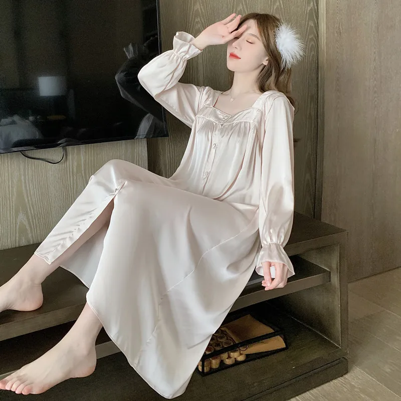 

Women Full Sleeve Rayon Nightgown Sexy Square Collar Long Nightdress Lounge Loose Bride Sleepshirt Autumn Lingerie Home Skirt