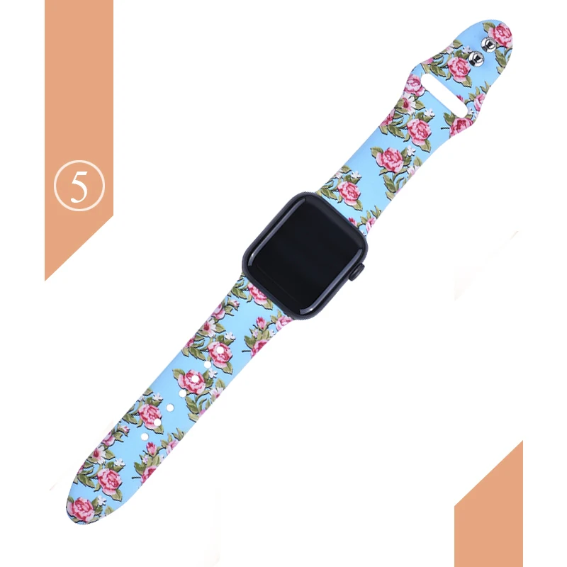 С цветочным узором ремешок для наручных часов Apple Watch 5 4 3 2 1 38/40 мм/42 44 мм мягкий печатным рисунком разноцветных силиконовых спортивный ремешок для наручных часов Iwatch, 4 Для женщин детей - Цвет ремешка: Color 5