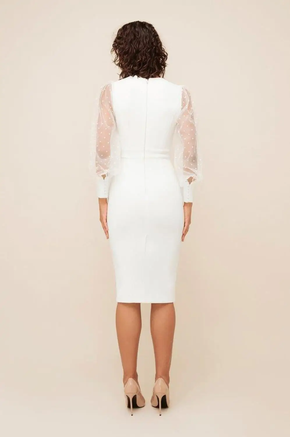 

New Arrival Elegant Office Lady V-Neck Lace Dot Pattern Long Sleeve High Waist Sheath White Dresses For Women