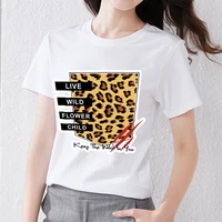 summer t shirt womens leopard printed letters series all match casual slim round neck comfortable short sleeve white ladies top