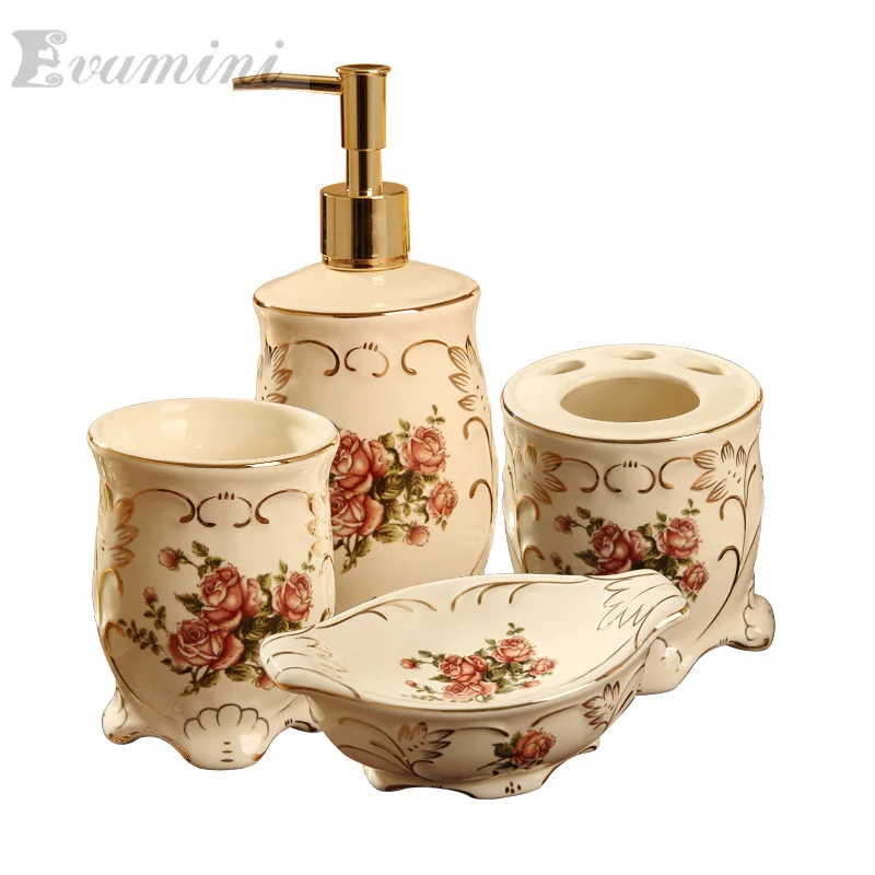 

European-style Bathroom Five-piece Ceramic Bathroom Set Supplies Mugs Wedding Gifts Toilet Brush Restroom Cleaning Brush