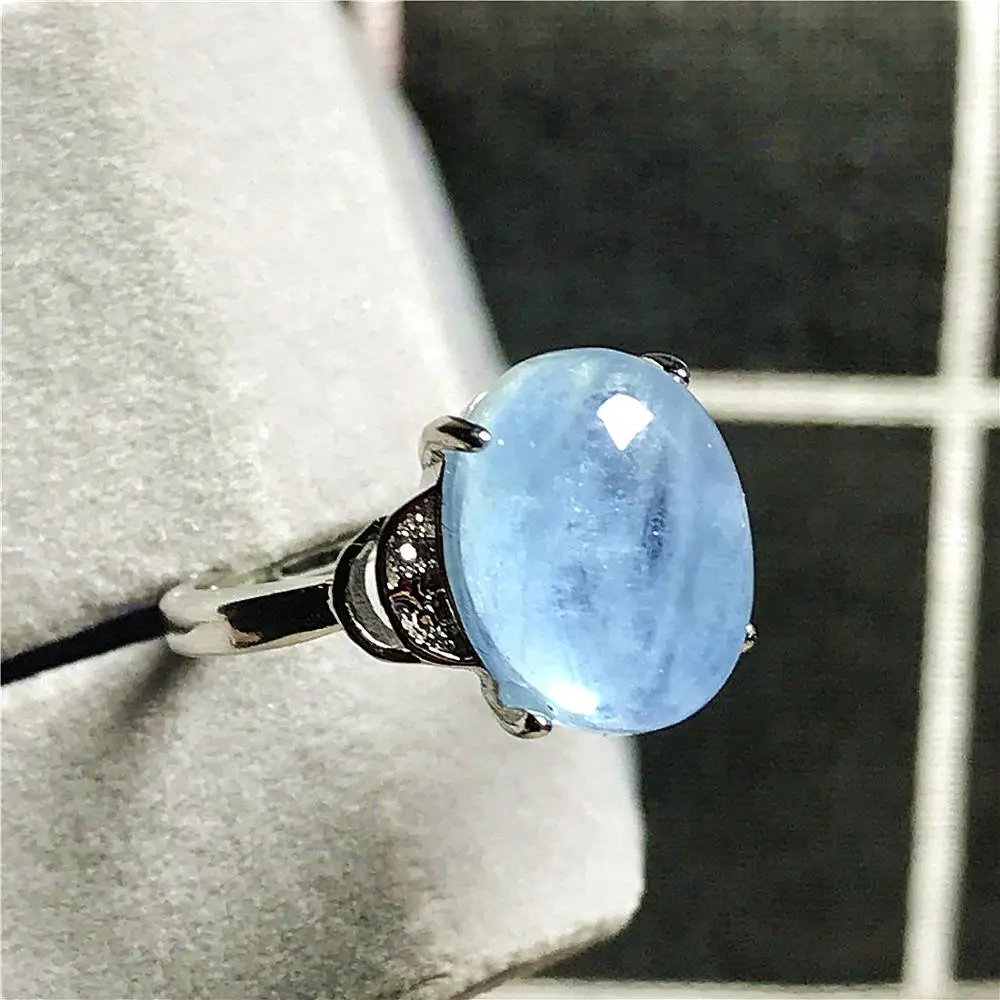

12x9mm Top Natural Ocean Blue Aquamarine Ring Jewelry For Women Man Crystal Oval Beads Silver StoneAdjustable Size Ring AAAAA