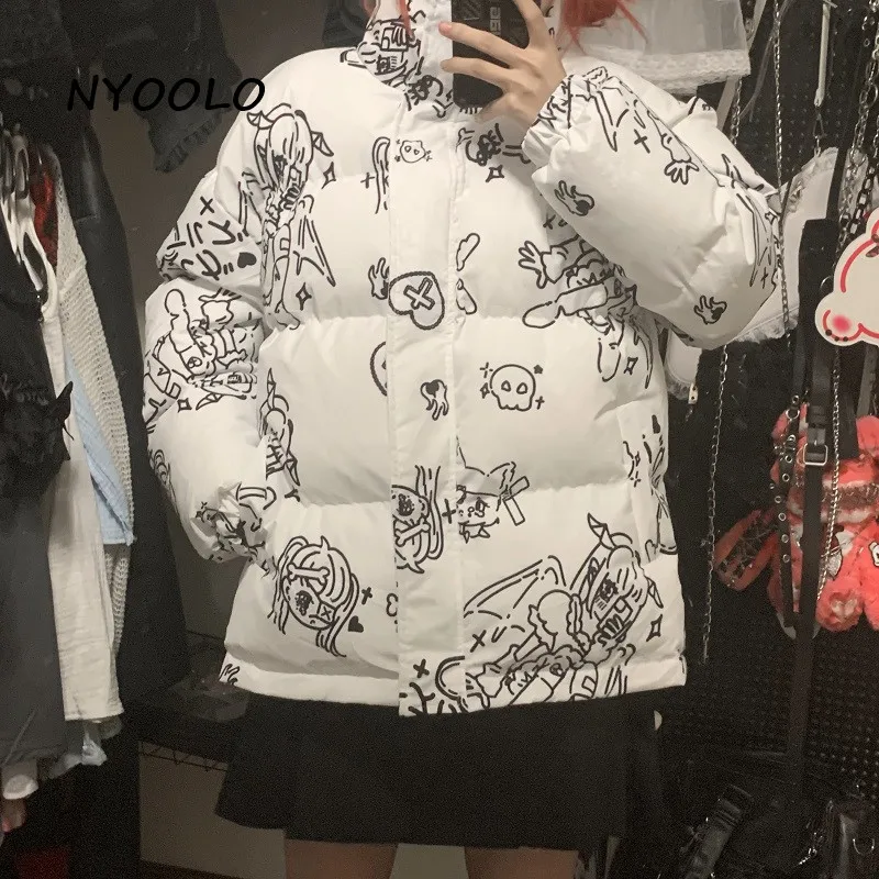 

NYOOLO Harajuku Cartoon Print Stand Collar Zipper Padded Puffer Jacket Women Clothing Winter Thick Warm Girls Oversized Coats