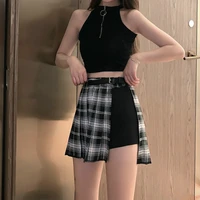 2021 spring summer indie street beach punk cool girl sexy mini skirts women gothic high waist patchwork plaid skirt with chain