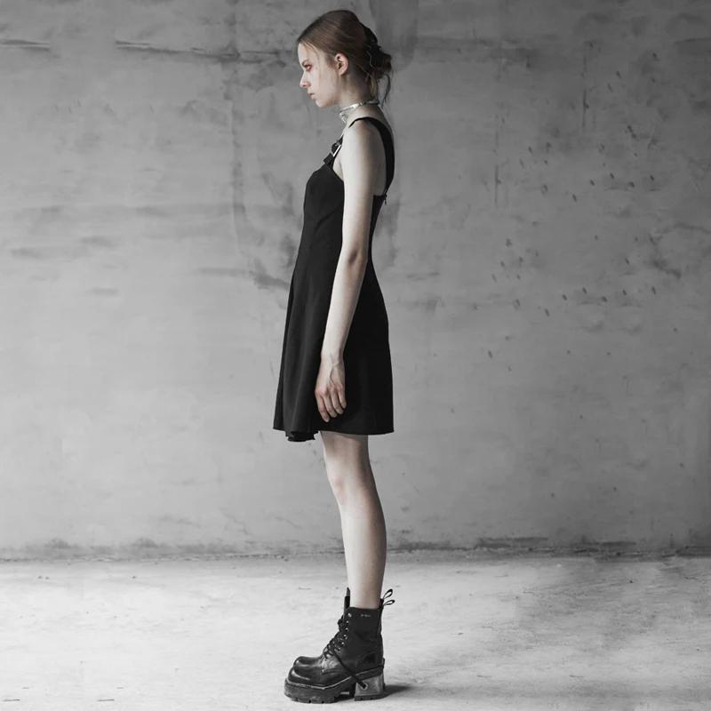 Женское платье в стиле панк черное модное неэластичное из шифона на