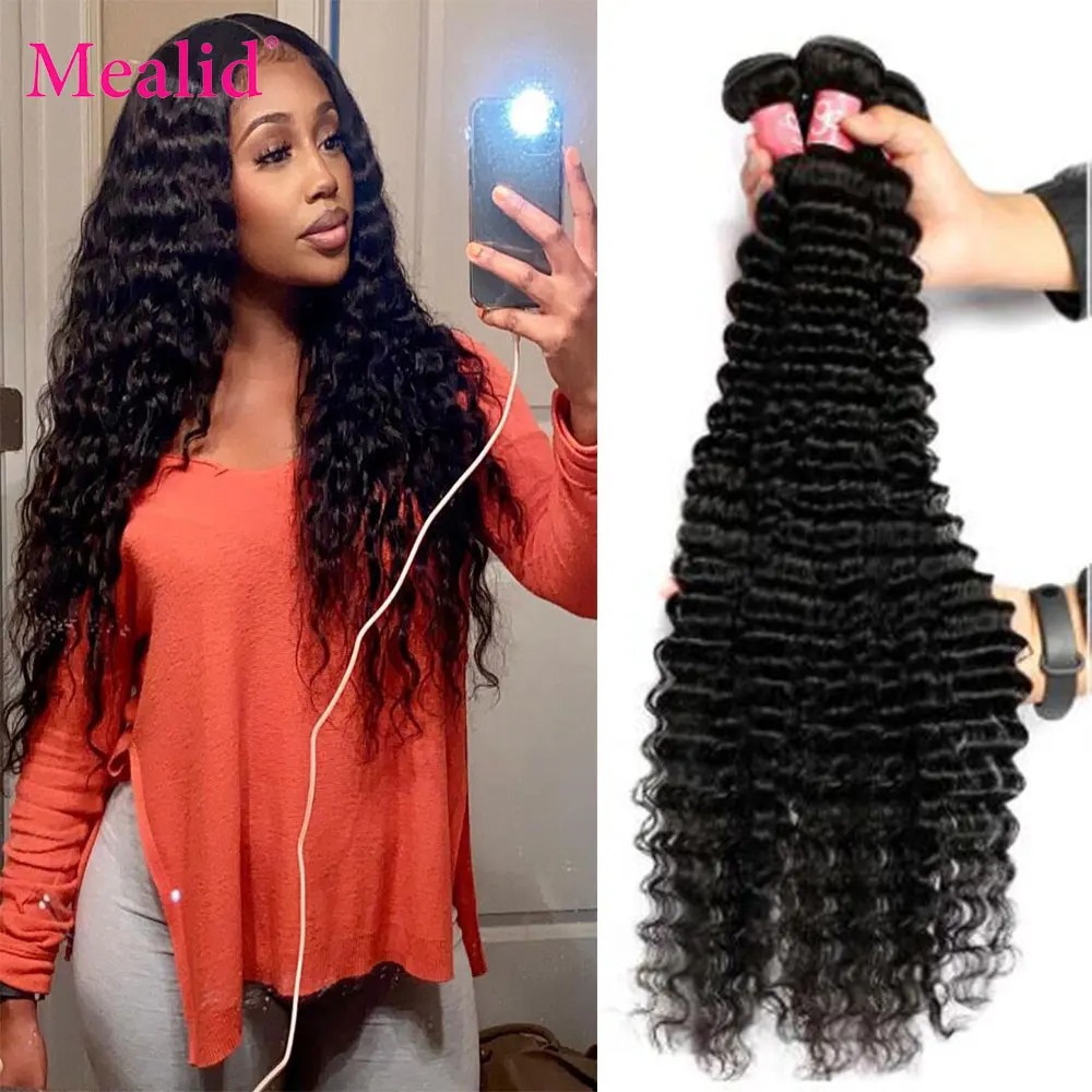 

30-дюймовые бразильские волнистые пучки волос, глубокие вьющиеся человеческие волосы, 100% натуральные человеческие пучки волос, волосы без п...