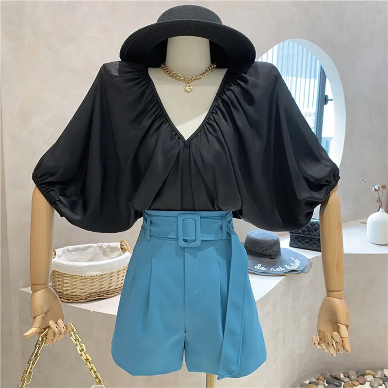

New Women's Clothing Summer 2021 Fashion Versatile slim simple casual pants High Waist Wide Leg suit shorts pants with belt