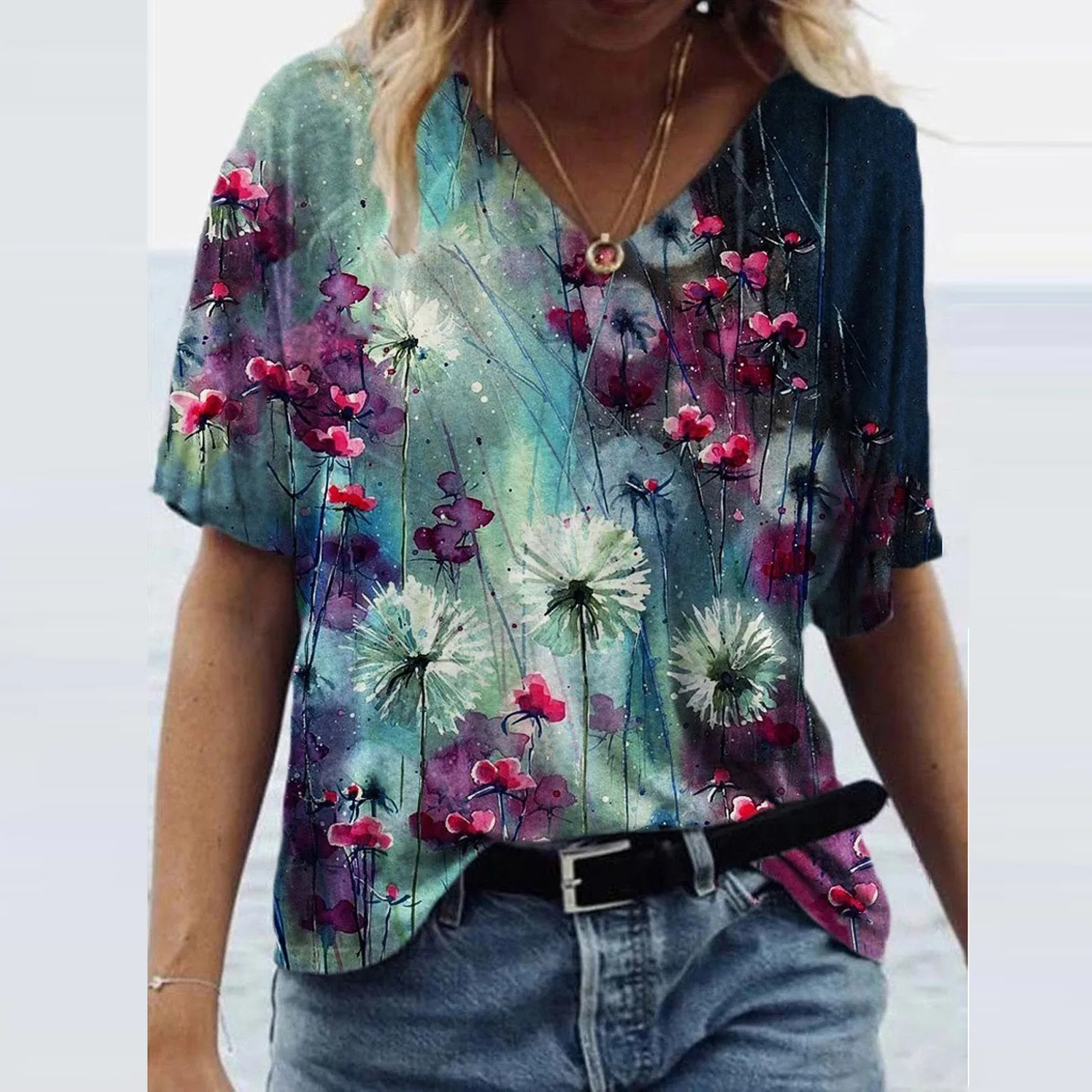 

Women's Fashion Casual Plus Size Scenic Flowers Printing Round Neck T-Shirt Tops 2021 new summer