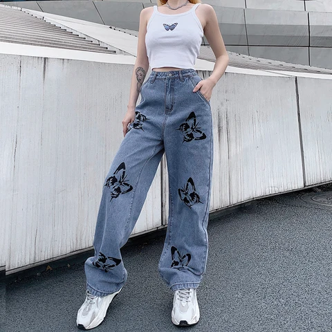 Summer Jeans Printed  Pants Women Butterfly long Denim Baggy Trousers Cowboy Female Loose Casual High Waist Streetwear Pants