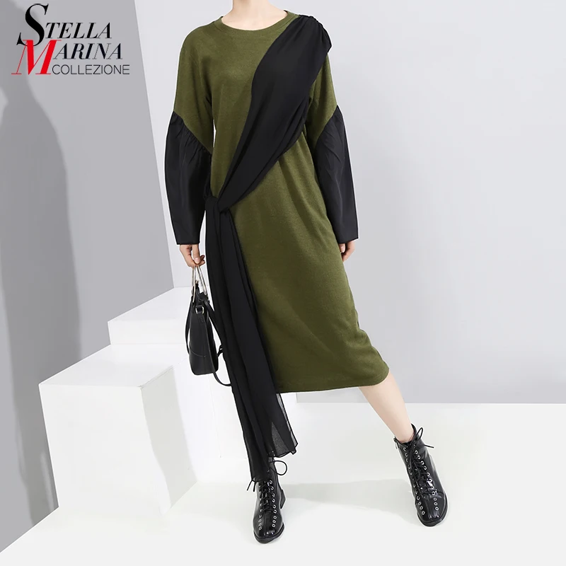 Новинка 2019 женская зимняя одежда с длинным рукавом зеленое лоскутное платье