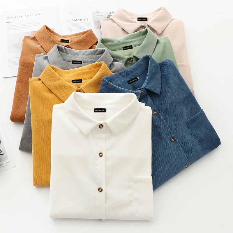 

Women's Tops and Blouse Spring Fall Fashion Turn Down Collar Long sleeve Button Shirt Loose Casual Shirt Korean Femme Blouses