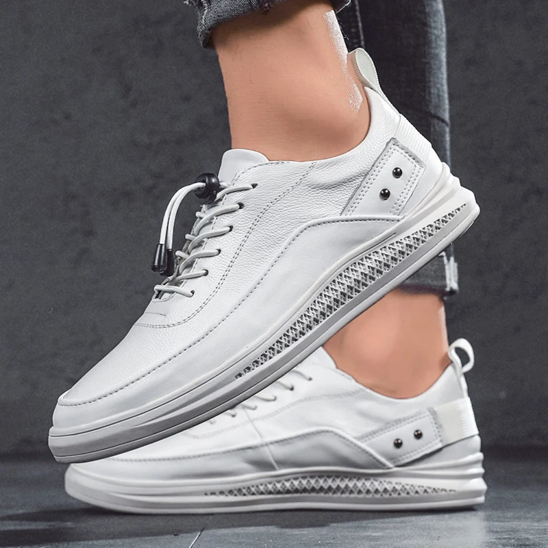 Mens White Shoes Fashion Leather Casual for Man Lace Up 2021 New Rubber Sole Non-slip Breathable Soft Flats Male Footwear | Обувь