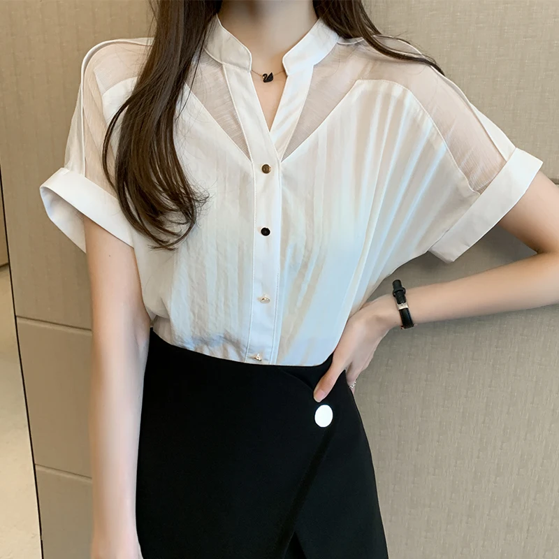 

Summer Chiffon Korean Fashion Woman Shirts Hollow Out Office Lady Button Up Shirt Loose Womens Tops