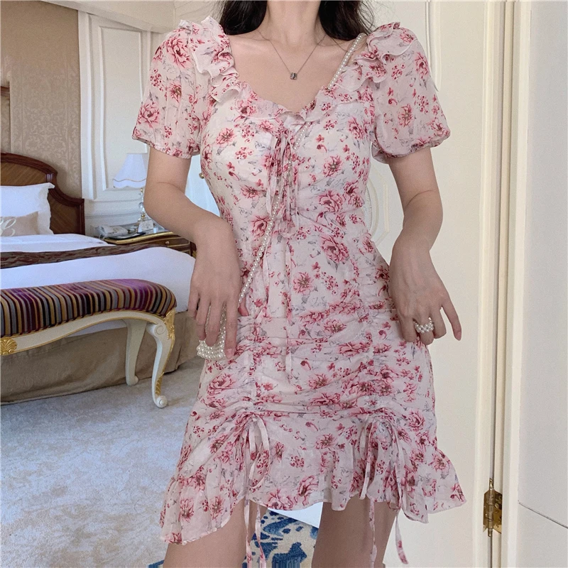 

Floral Print Summer Mini Dress Women Ruffles V-Neck Puff Sleeve Drawstring Pleated Dress Sweet Pink Girls Chiffon Dress X162