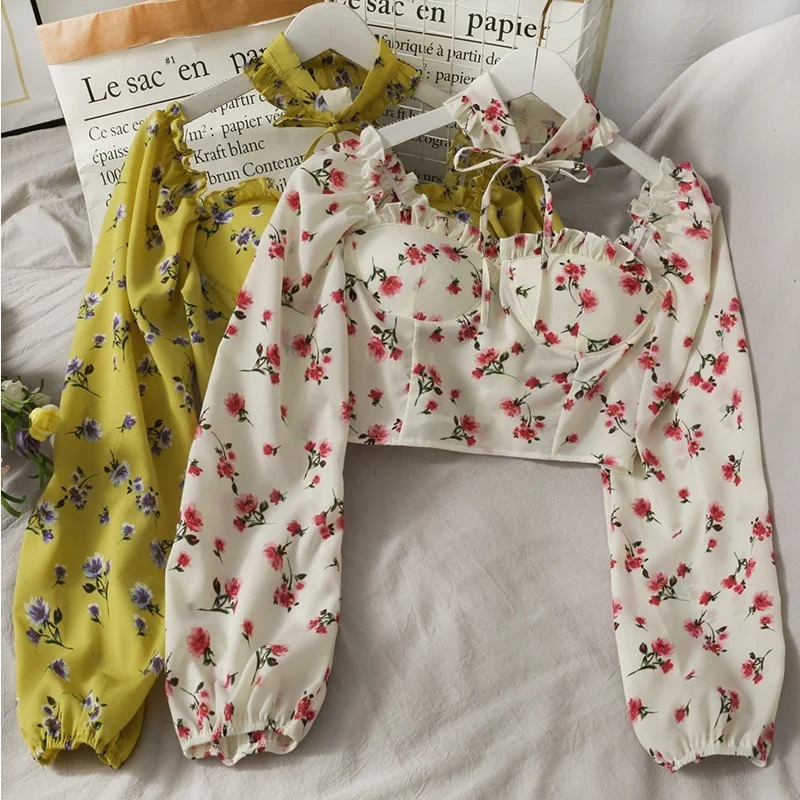 

2021 Spring Sweet Floral Print Folds Ears Short Chiffon Women's Clothes Slash Neck Puff Sleeve Tops Gothic Elegant New T-shirts