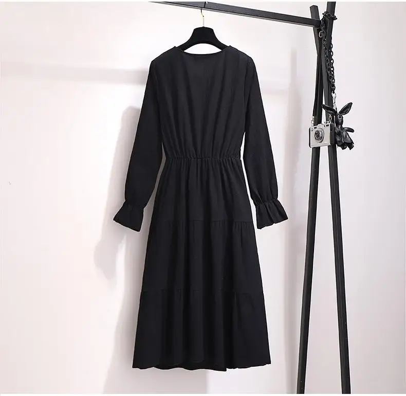 5XL 6XL Плюс размер осеннее женское платье повседневное с v-образным вырезом с эластичной резинкой на талии длинное платье гофрированное женское платье большого размера с длинным рукавом