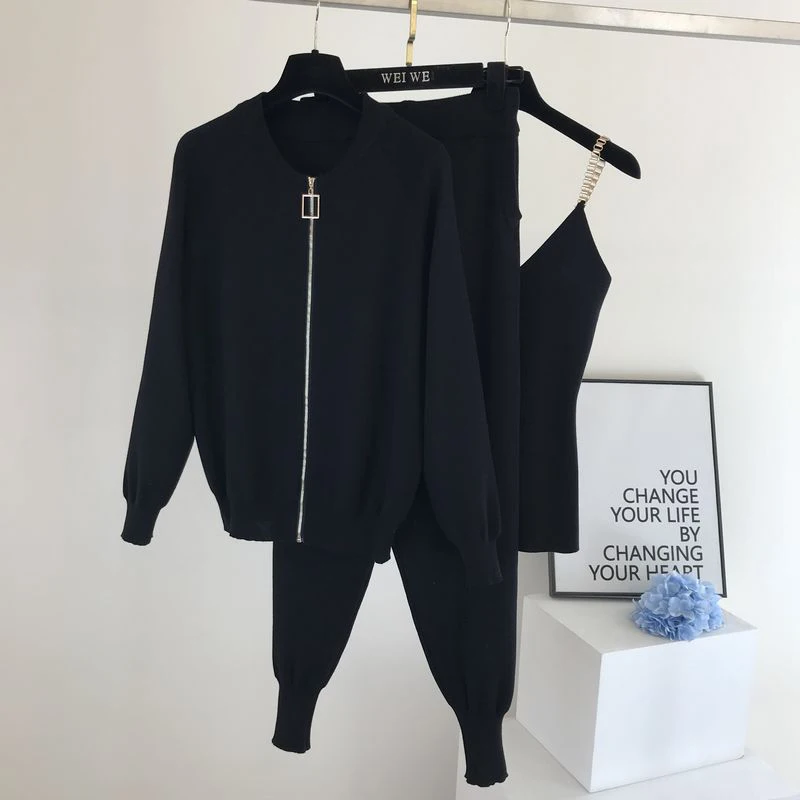 

Elegant Solid Color Knitted 3 Piece Suit O-Neck Zipper Cardigan Coat Tops + Chain vest + Elastic Harem Pants Fashion Female