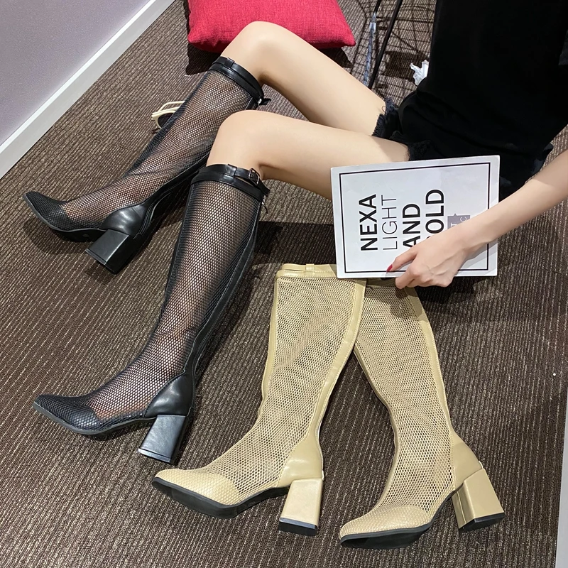

DLEK Women Knee High Boots High Square Heel Breathable Fashion Mesh Zipper Boots Sexy Hollow Out Buckle Laies Shoes