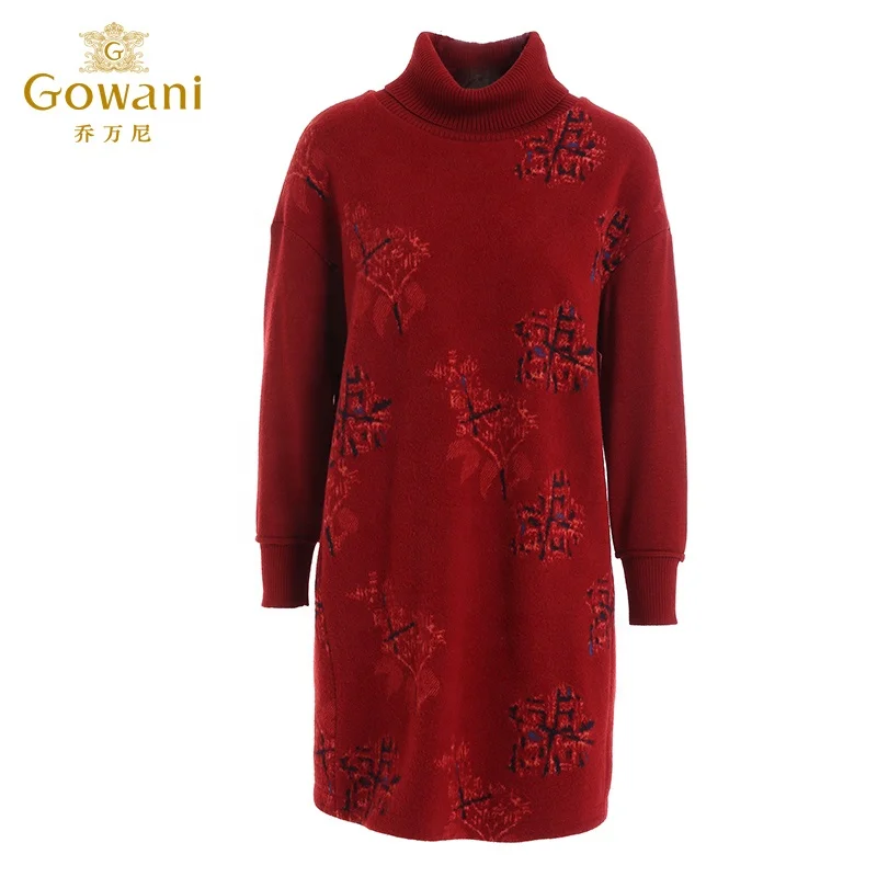 

Gowani Floral Knit Drop Shoulder Turtle Neck Red Woolen Sweater