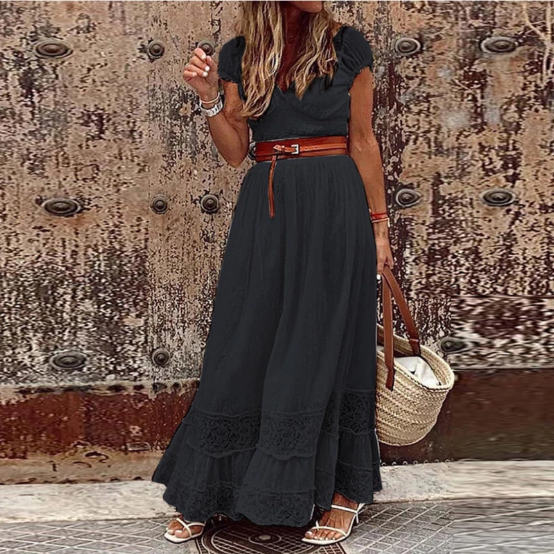 

2021 Bohemian Dresses For Women V Neck Short Sleeve Sexy Lace Dress Women Fashion Solid Casual Beach Party Dress With Belt