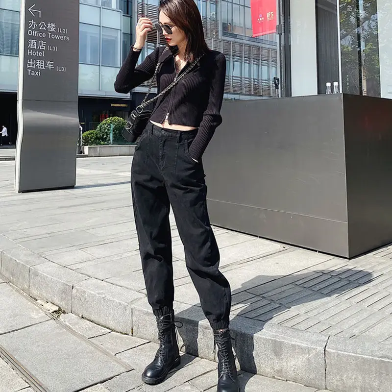 

Woman Mom Casual Jeans Pants Boyfriend High Waist Denim Pants 2021 New Autumn Retro Solid Comfortable Jeans Female Black